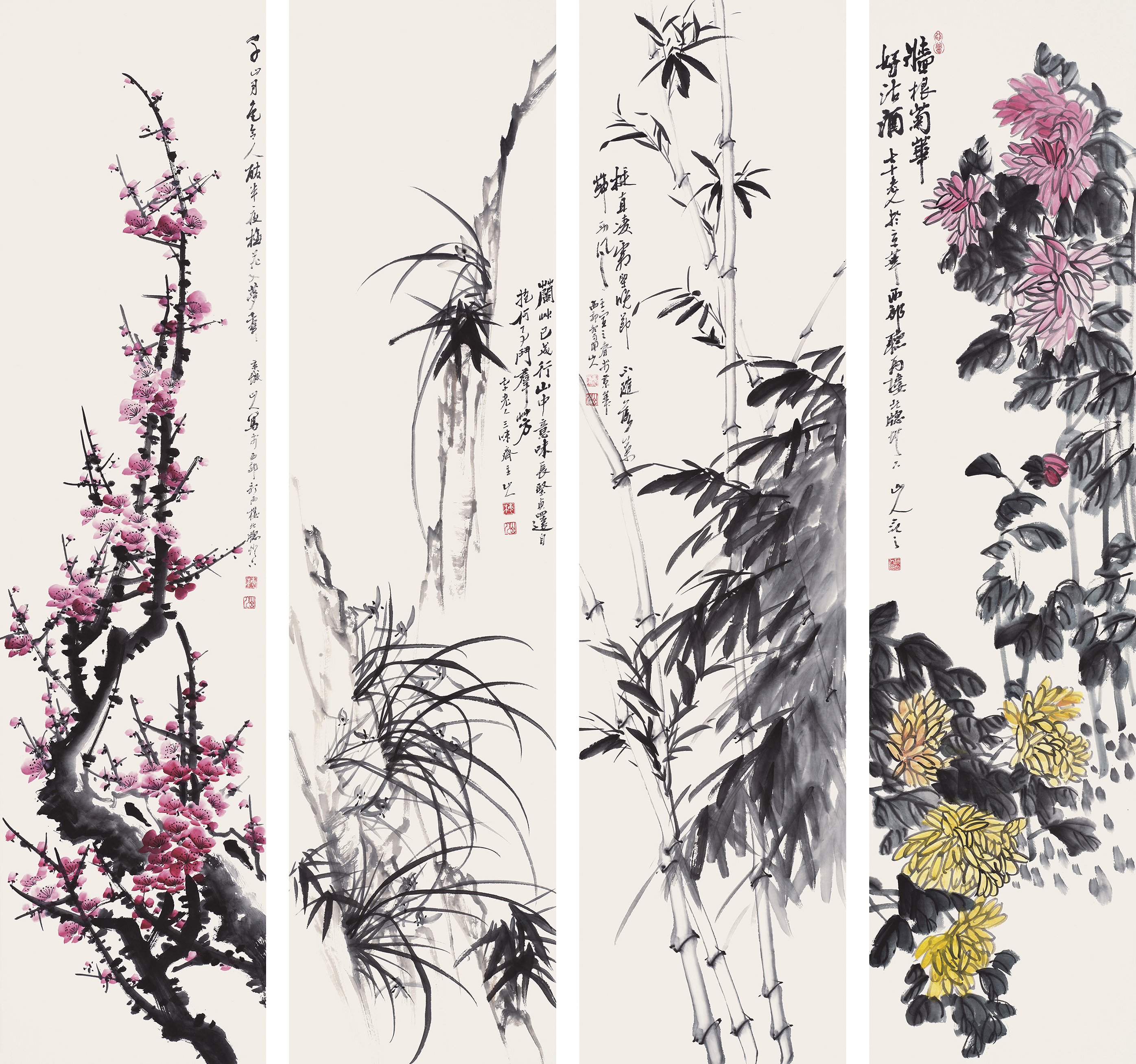 梅兰竹菊设色四条屏