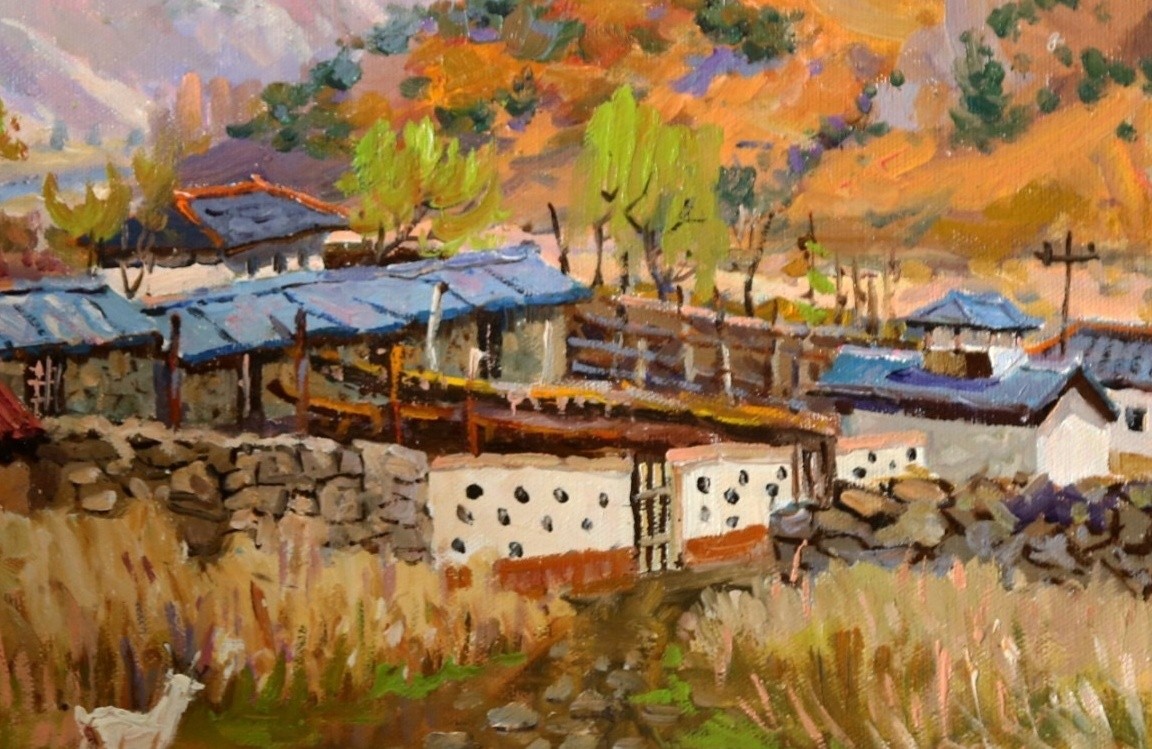朝鲜油画 一级艺术家 金炳顺《村庄》