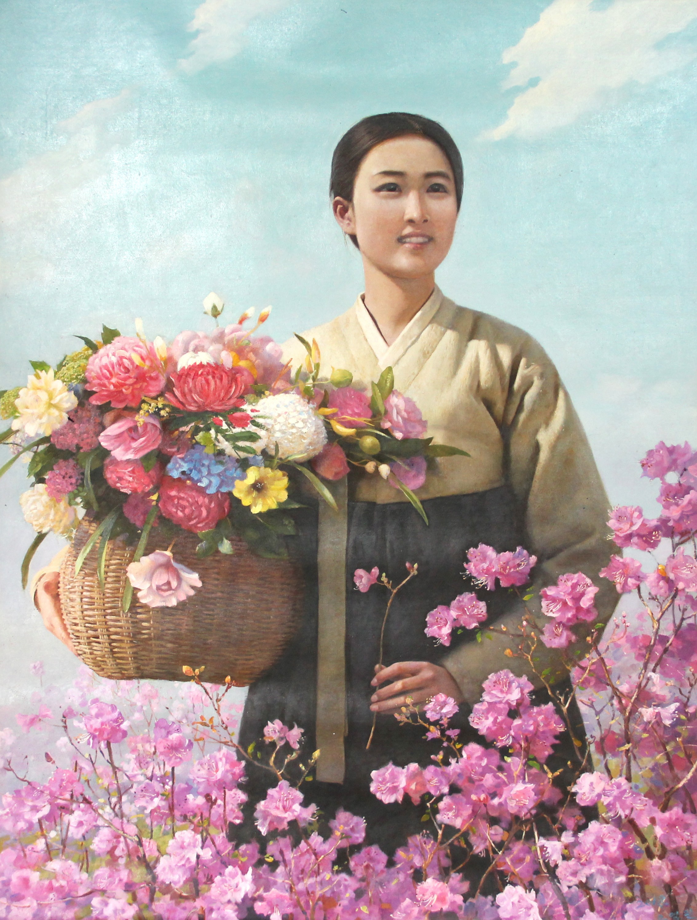 朝鲜油画一级画家吴永镇卖花姑娘