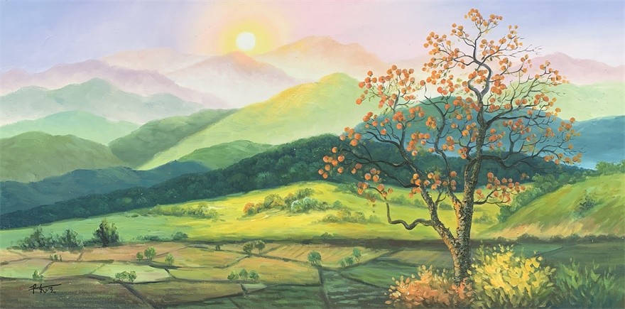 陈飞云晨曦下的柿子树布面油画